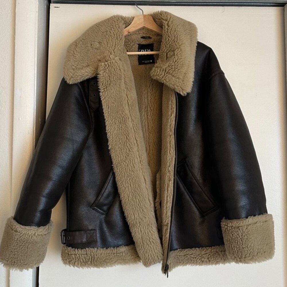 Zara Faux Shearling Aviator Style Coat US Medium